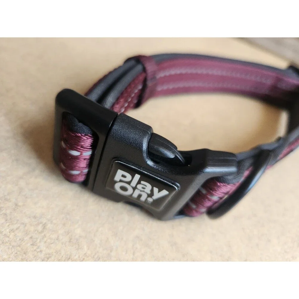 Play On Large Dog Collar 18 To 26 Inch Padded & Reflective Burgundy